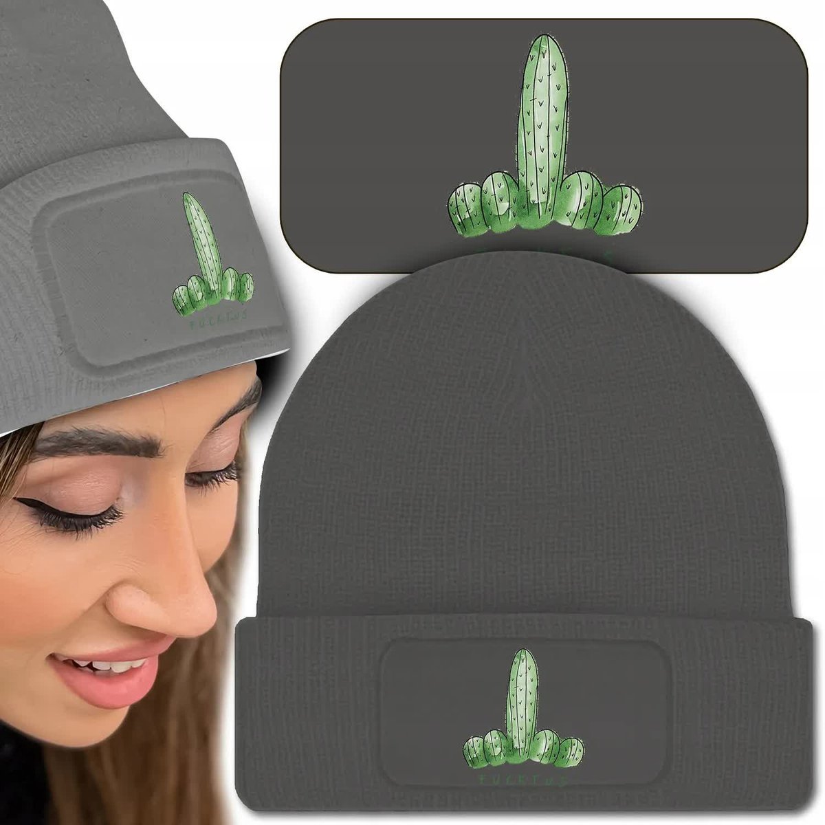 Ciepła Czapka Zimowa Szara FUCKTUS Śmieszne Wzory