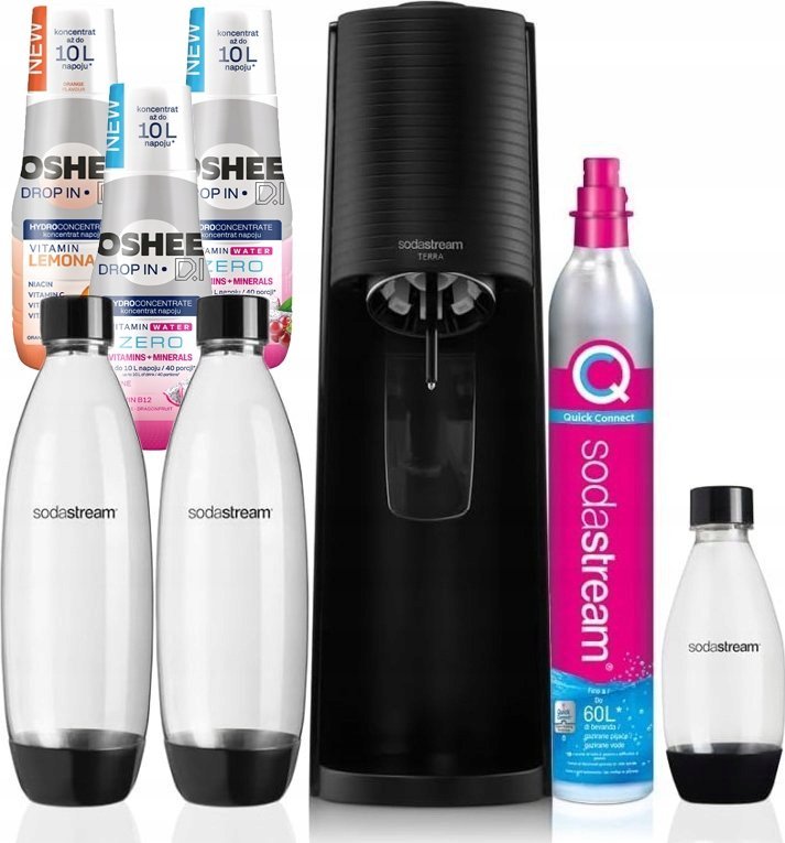 SATURATOR DO WODY SODASTREAM TERRA CZARNY 3 BUTELKI + 3 SYROPY + CYLINDER
