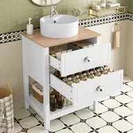 Szafki łazienkowe - Szafka łazienkowa z pojedynczą umywalką, 2 szufladami i otwartą przegrodą - 60 x 45 x 91 cm - MDF + ceramika - biel i drewno - miniaturka - grafika 1