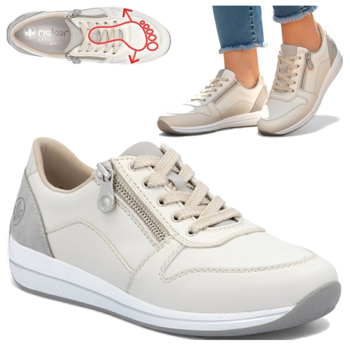 Półbuty Damskie Skórzane RIEKER Beżowe Sneakersy Sportowe Szerokie Wygodne 40