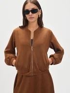 Marynarki i żakiety damskie - Ciemnobeżowy żakiet w stylu bomber - miniaturka - grafika 1