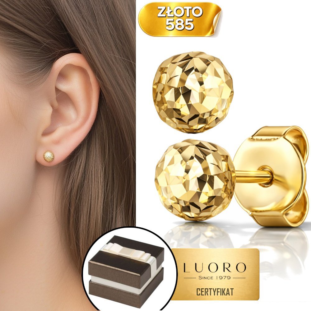 KOLCZYKI ZŁOTE 585 14K KULKI DIAMENTOWANE 7 MM SZTYFT ELEGANCKIE