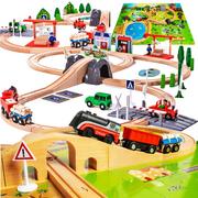 Kolejki i akcesoria - Drewniana kolejka elektryczna pociąg,  tory,  tunel, mata puzzle, droga i samochody - Maciuś podróżuje koleją. - miniaturka - grafika 1