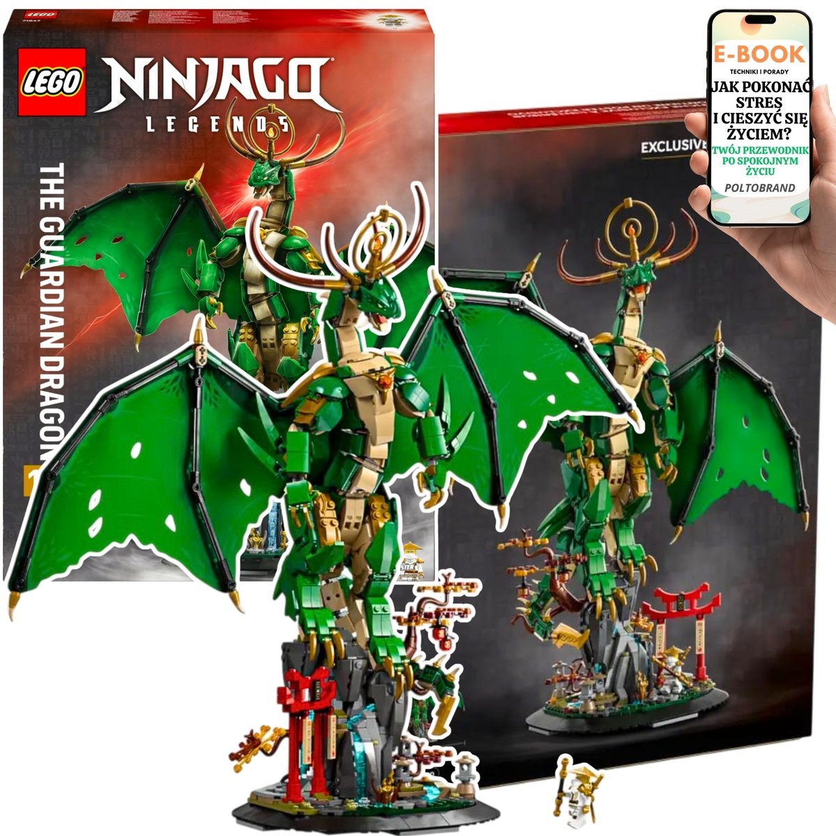 DUŻY ZESTAW LEGO NINJAGO Smok-strażnik – majestatyczny model 48 cm z magicznym mieczem, bramą i stawem Lego Dla Niego Chłopaka Wnuczka Syna + EBOO..