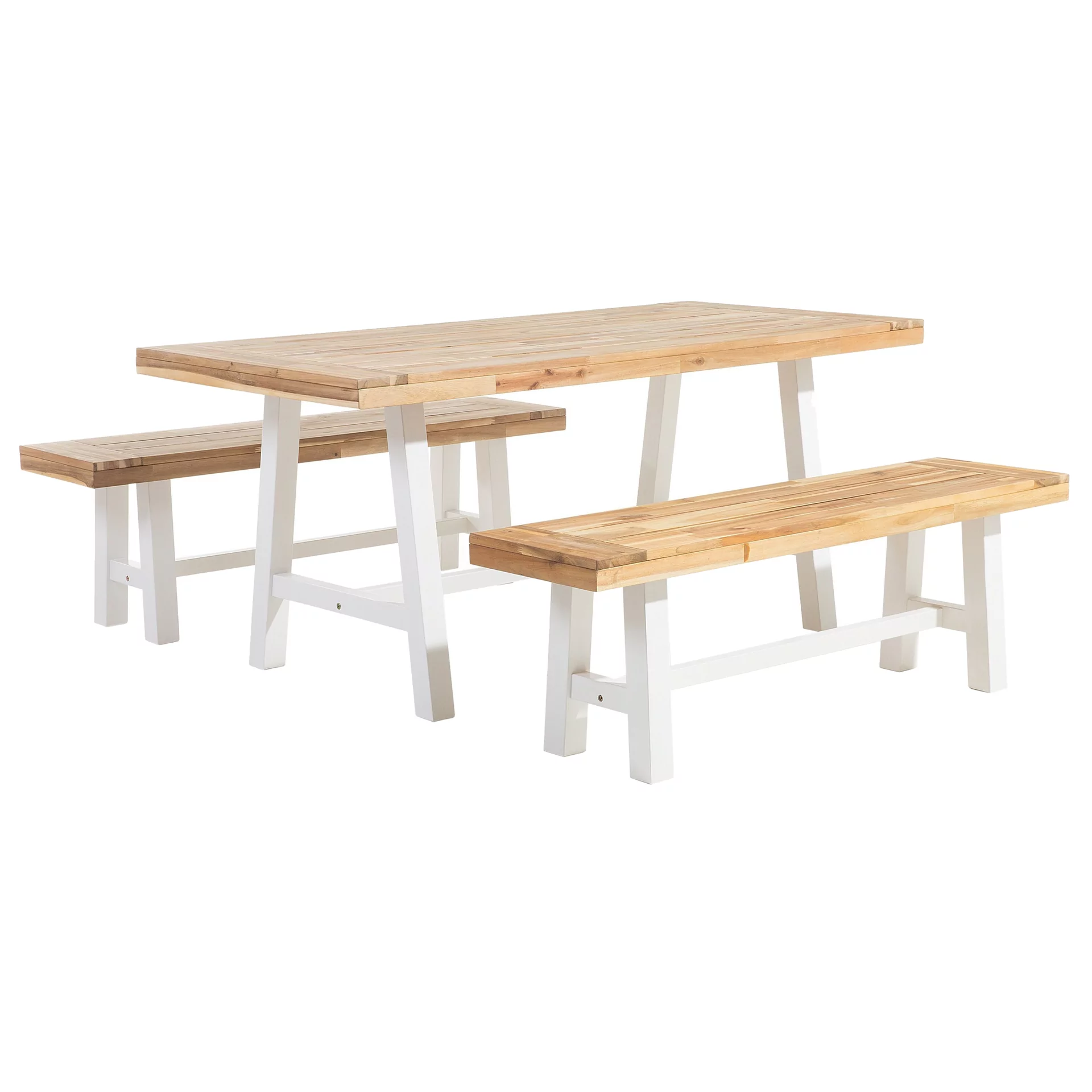 Beliani Zestaw ogrodowy Scania drewniany stół i 2 ławki biały 38169