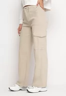Spodnie damskie - Jasnobeżowe Bawełniane Szerokie Jeansy w Stylu Cargo z Kieszeniami po Bokach Tiarya - miniaturka - grafika 1