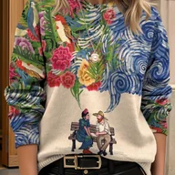 Swetry damskie - TEMU Sweter Damski Lekki - Gotycki Nadruk z Krukiem i Kwiatami w Niebieskim/Czerwonym/Beżowym/Czarnym/Białym/Szarym - Długi Rękaw, Okrągły Dekolt na - miniaturka - grafika 1