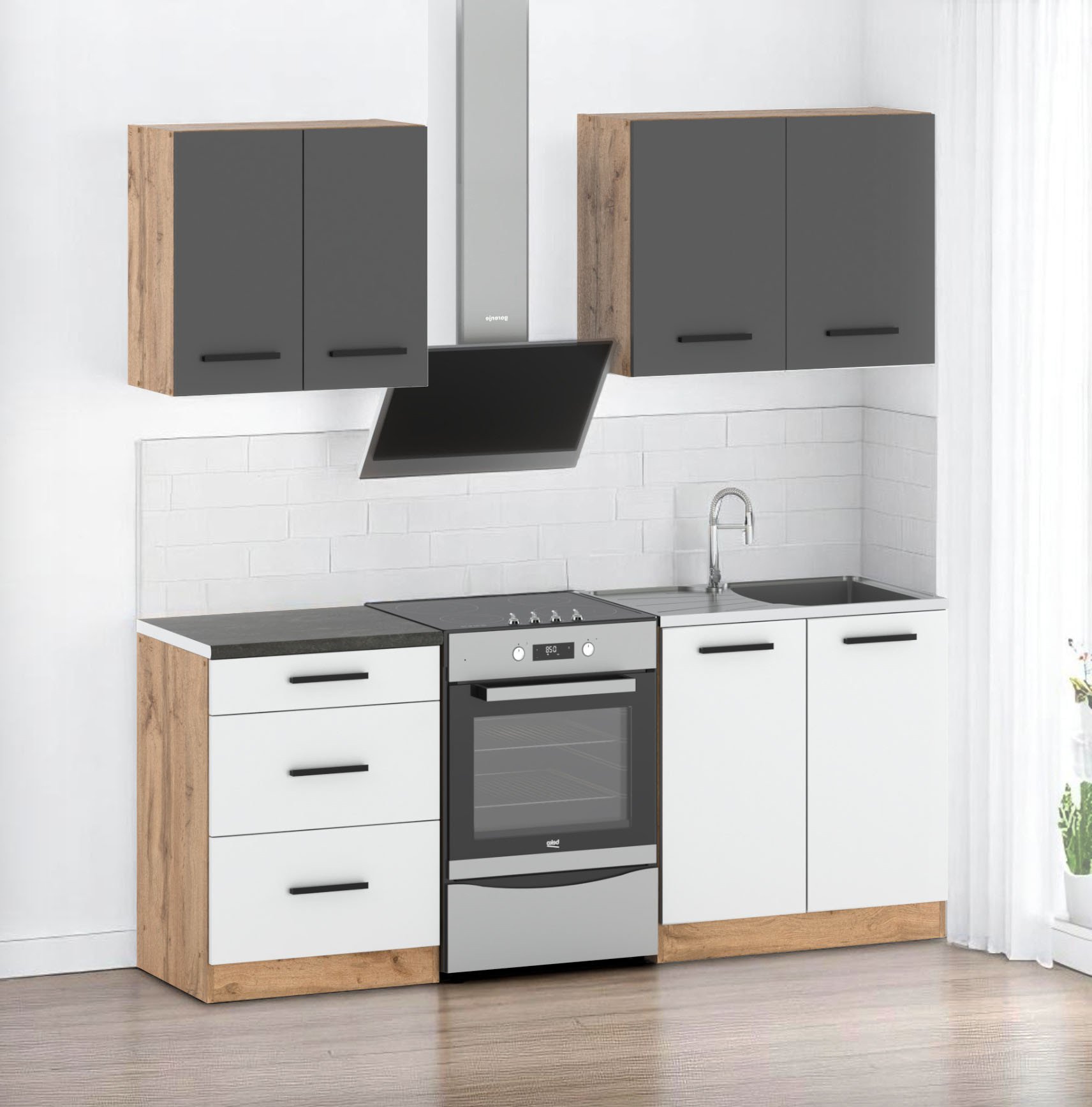 Zestaw mebli kuchennych modułowy z blatem mały 2m wotan dąb wotan szary