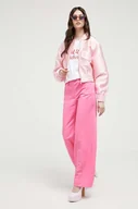 Spodnie damskie - Love Moschino spodnie z domieszką lnu kolor różowy proste high waist - miniaturka - grafika 1