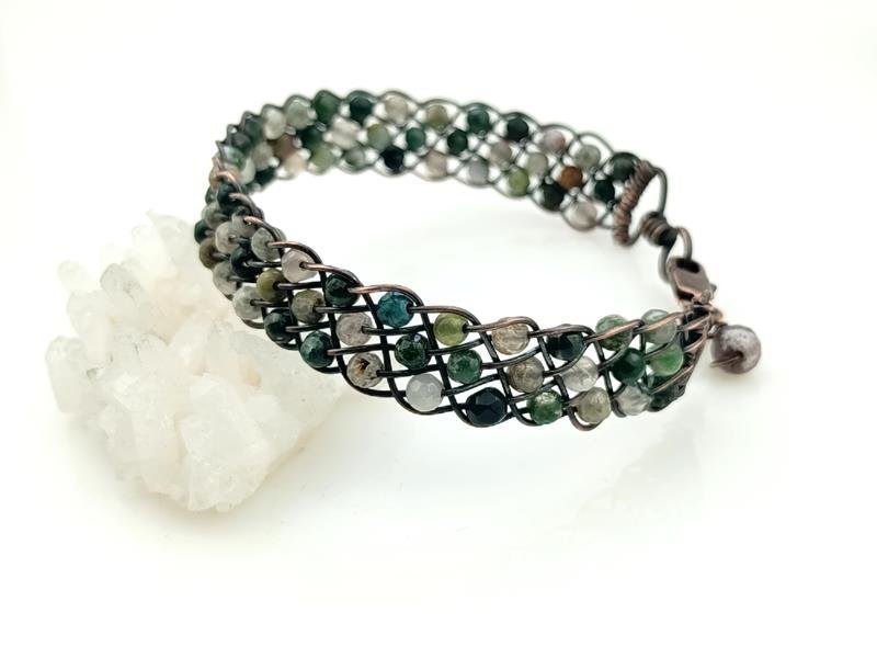 Bransoletka miedziana z agatem indyjskim, splot Kumihimo, obwód 20 cm plus 1.5 cm, waga 16 gram, rękodzieło