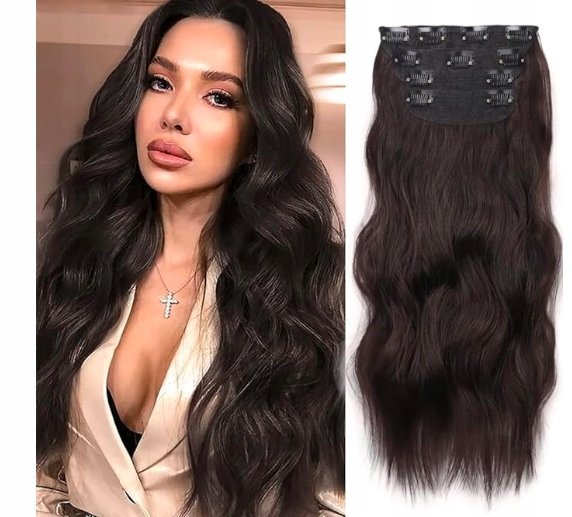 Falowane Syntetyczne Treski Do Przedłużania Włosów z Klipsem Brąz 4szt