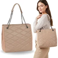 Torebki damskie - PIKOWANA torebka damska na łańcuszku, beżowa SHOPPERKA na ramię - miniaturka - grafika 1