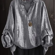 Koszule damskie - TEMU Elegancka bluzka damska w złotym odcieniu - koszula z długim rękawem i dekoltem w serek, zapinana na złote guziki, o strukturalnym kroju i - miniaturka - grafika 1