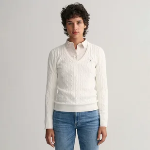 STRETCH COTTON CABLE V-NECK - Swetry damskie - miniaturka - grafika 1