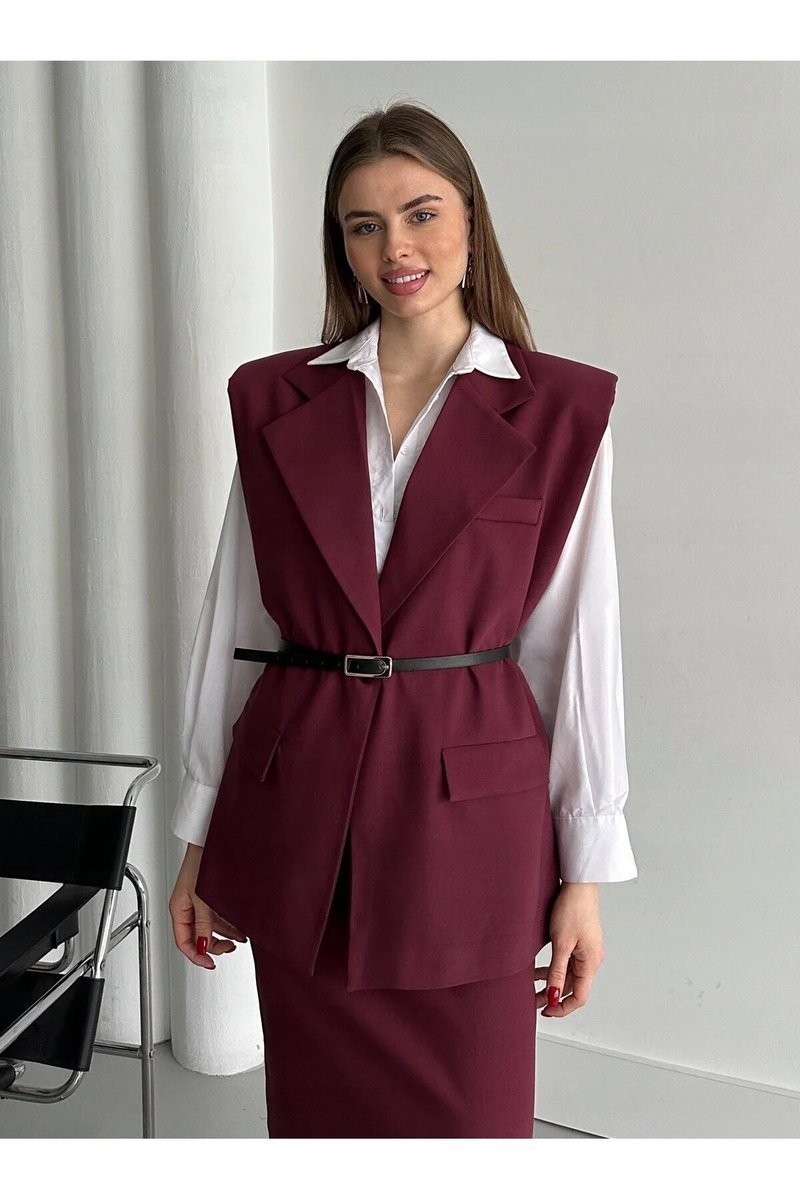 ELEGANCKA DAMSKA KAMIZELKA BORDOWA Z PASKIEM M 5GA*
