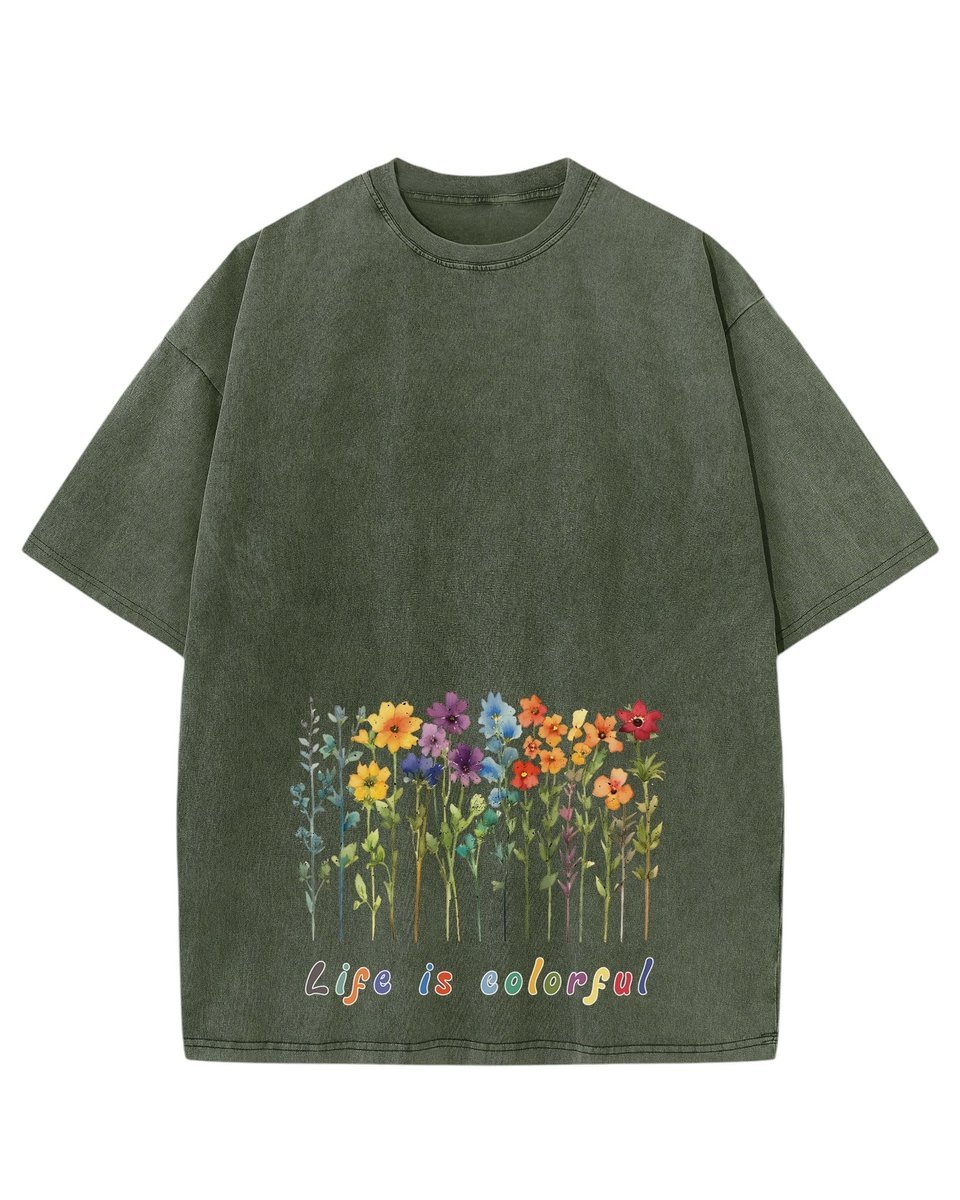 Damska koszulka oversize efekt sprania Kolorowe Kwiaty Wiosna Khaki XL