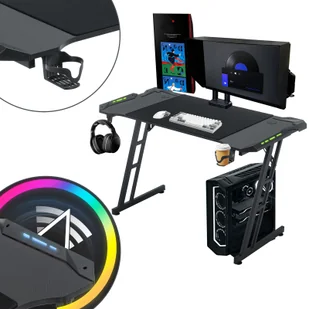 Biurko do gier YUENFONG 140 x 60 cm, biurko do gier z oświetleniem LED, haczykiem na słuchawki i uchwytem na kubek, stabilne biurko komputerowe, stół do gier PC (Tye B z LED) - Biurka gamingowe - miniaturka - grafika 1