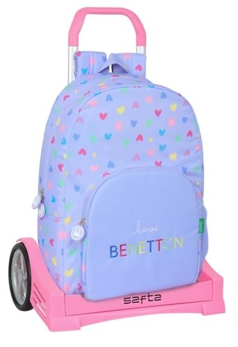 Safta BENETTON LILA plecak szkolny, z wózkiem Evolution w zestawie, idealny dla dzieci w różnym wieku, wygodny i wszechstronny, jakość i wytrzymałość, fioletowy, M, Casual