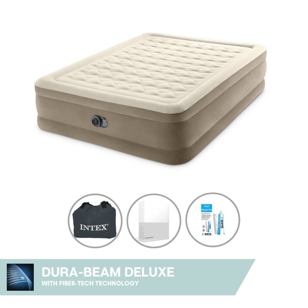 Dmuchane łóżko Intex - 2 osoby - 152 x 203 x 46 cm - Beżowe - Z wbudowaną pompką + prześcieradło białe + zestaw naprawczy