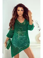 Swetry damskie - ASYMETRYCZNA NARZUTKA AŻUROWA EVA POLSKI PRODUCENT J&K PREMIUM - CIEMNO-ZIELONY - miniaturka - grafika 1