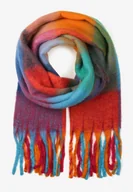 Apaszki i szaliki damskie - Fioletowo-Czerwony Ciepły Szalik w Kolorową Kratę z Frędzlami Elinaro - miniaturka - grafika 1