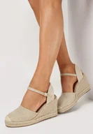 Sandały damskie - Beżowe Sandały na Koturnie z Jutową Podeszwą i Paskiem ze Sprzączką Capani - miniaturka - grafika 1