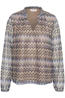 Koszulki i topy damskie - Damska koszulka Cream V-Neck Print Długi rękaw damska, Blue Weave Multi Lace Stripe, 34 - miniaturka - grafika 1