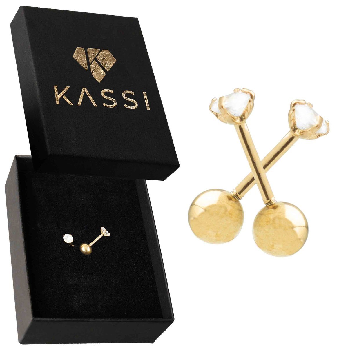 Złote kolczyki okrągłe z cyrkoniami kulki pozłacane 585 stal chirurgiczna