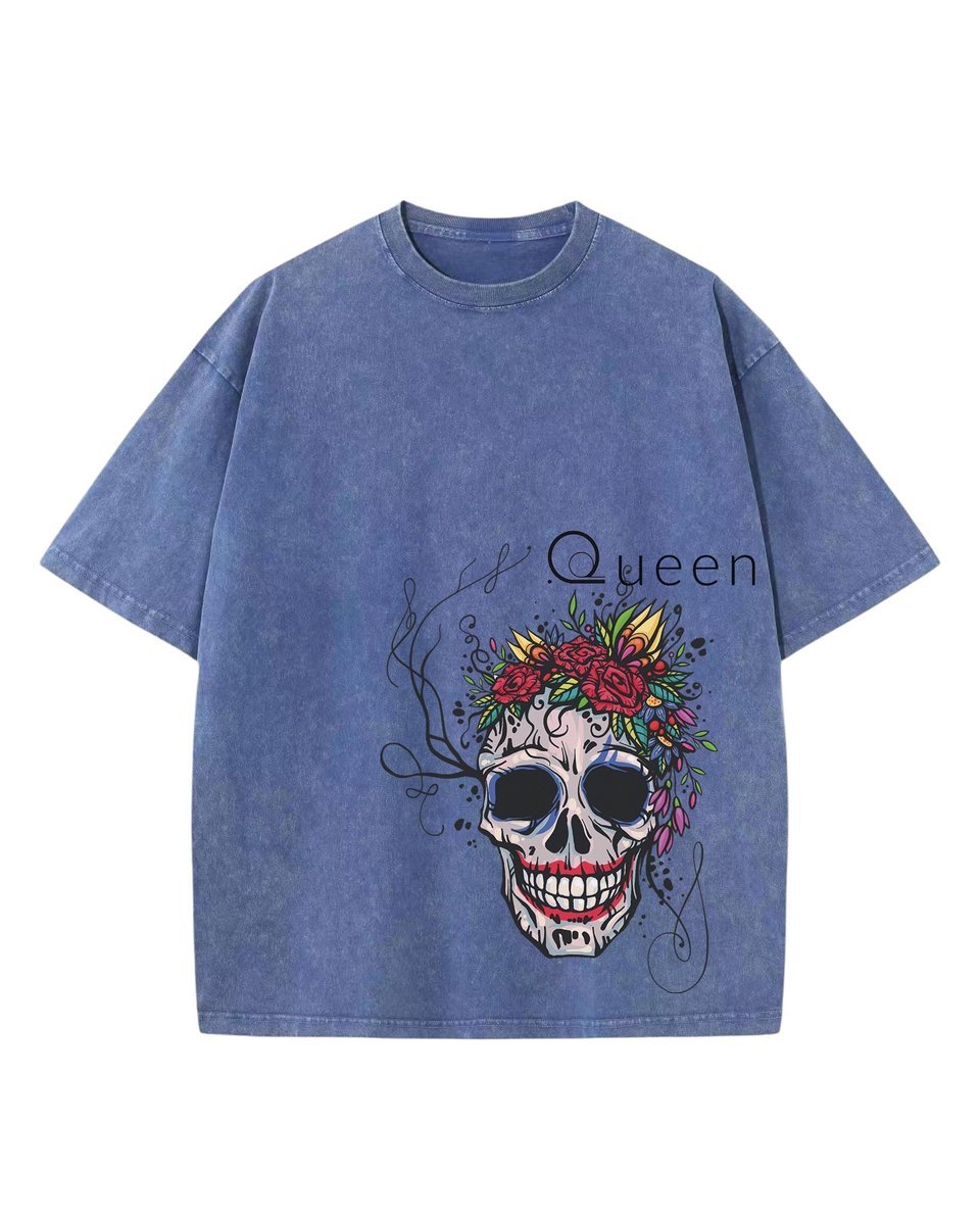 Damska koszulka oversize efekt sprania Czaszka Królowa Kwiat Niebieska L