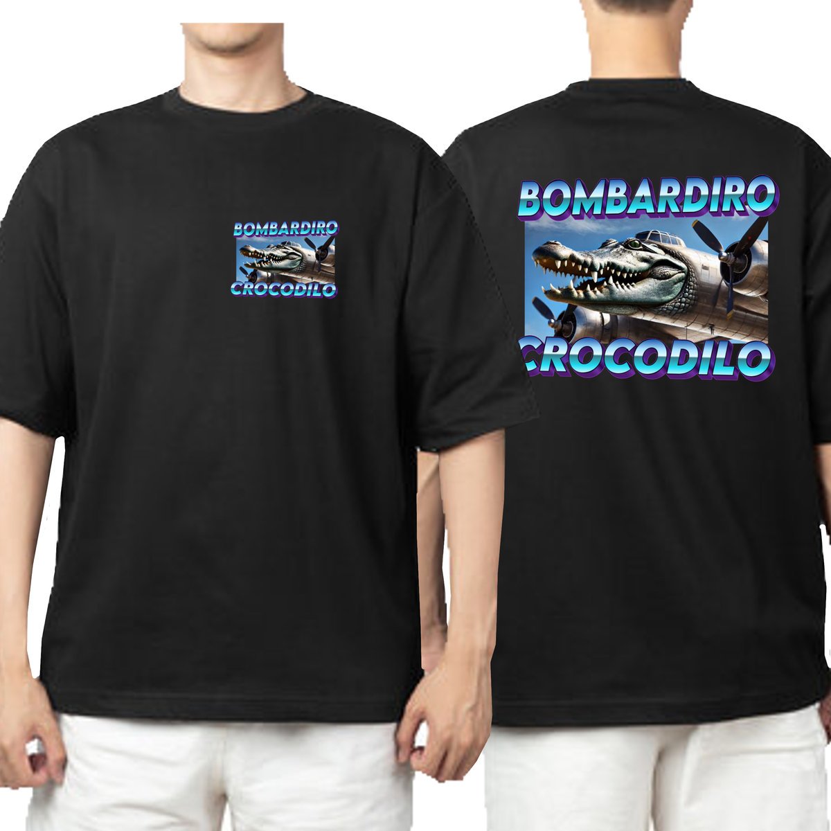 KOSZULKA MEM ŚMIESZNA BOMBARDIRO CROCODILO NADRUK PRZÓD TYŁ L 3472 CZARNA