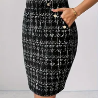 Spódnice - TEMU Elegancka Spódnica w Kratę ze Złotymi Guzikami i Paskiem na Pasie - A-Line od Krótkiej do Midi, Wzoru Czarno-Biało-Kremowego Grosza, Odporna Na - miniaturka - grafika 1