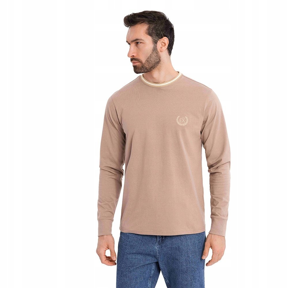 Longsleeve bawełniany męski z haftem brązowy Ombre OM-LSCL-0128 V6 roz. XL