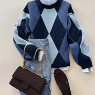 Swetry damskie - TEMU Elegancki Sweter Damski w Geometryczne Wzory - Brązowy/Czarny/Szary/Beżowy Miękki Pulower z Kolorami: brązowym, czarnym, szarym i beżem - - miniaturka - grafika 1