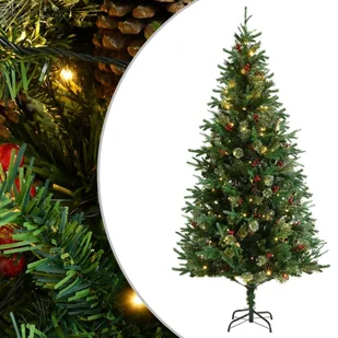 vidaXL Choinka z lampkami LED i szyszkami, zielona, 225 cm, PVC i PE - Choinki - miniaturka - grafika 1