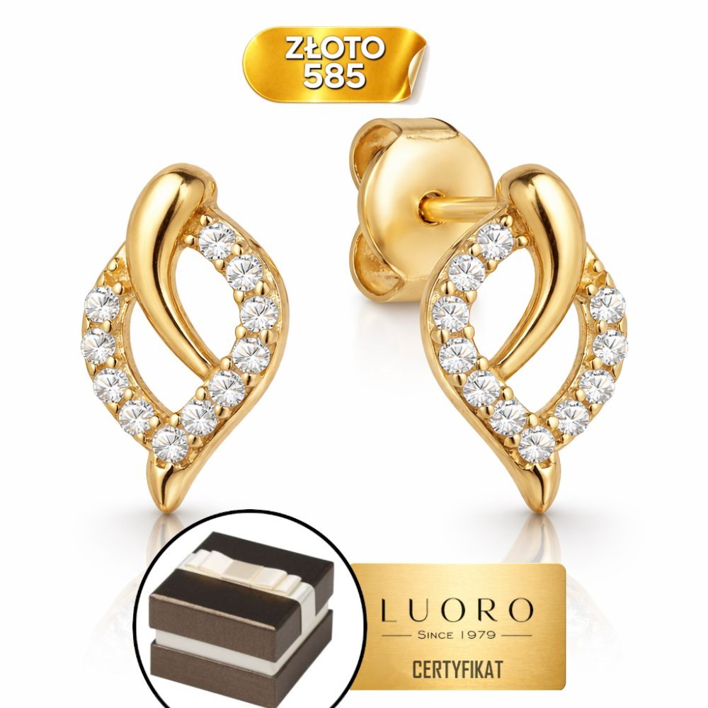 KOLCZYKI ZŁOTE 585 14K LISTEK Z CYRKONIĄ SZTYFT 1 CM ELEGANCKIE PREZENT