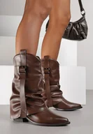 Botki damskie - Ciemnobrązowe Marszczone Botki Kowbojki z Cholewką Imitującą Nogawkę Ilosa - miniaturka - grafika 1