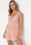 Bielizna nocna - Różowa Koszula Nocna z Przezroczystej Siateczki i Koronki w Zestawie Stringi Anselmo - miniaturka - grafika 1