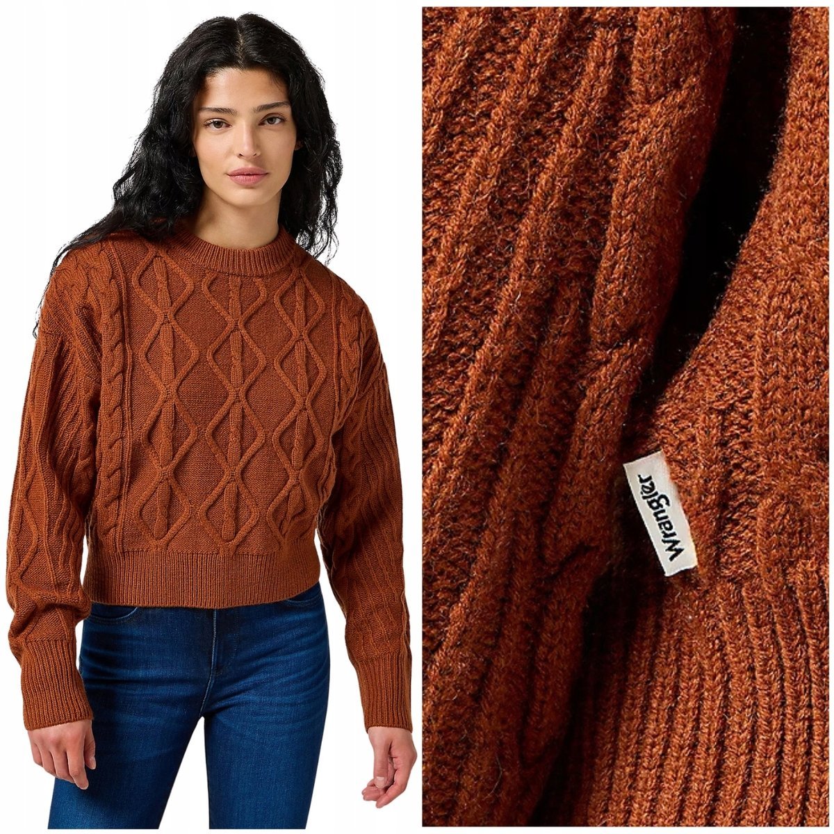 Wrangler CABLE KNIT SWEATER Gingerbread rudy wełniany damski sweter L