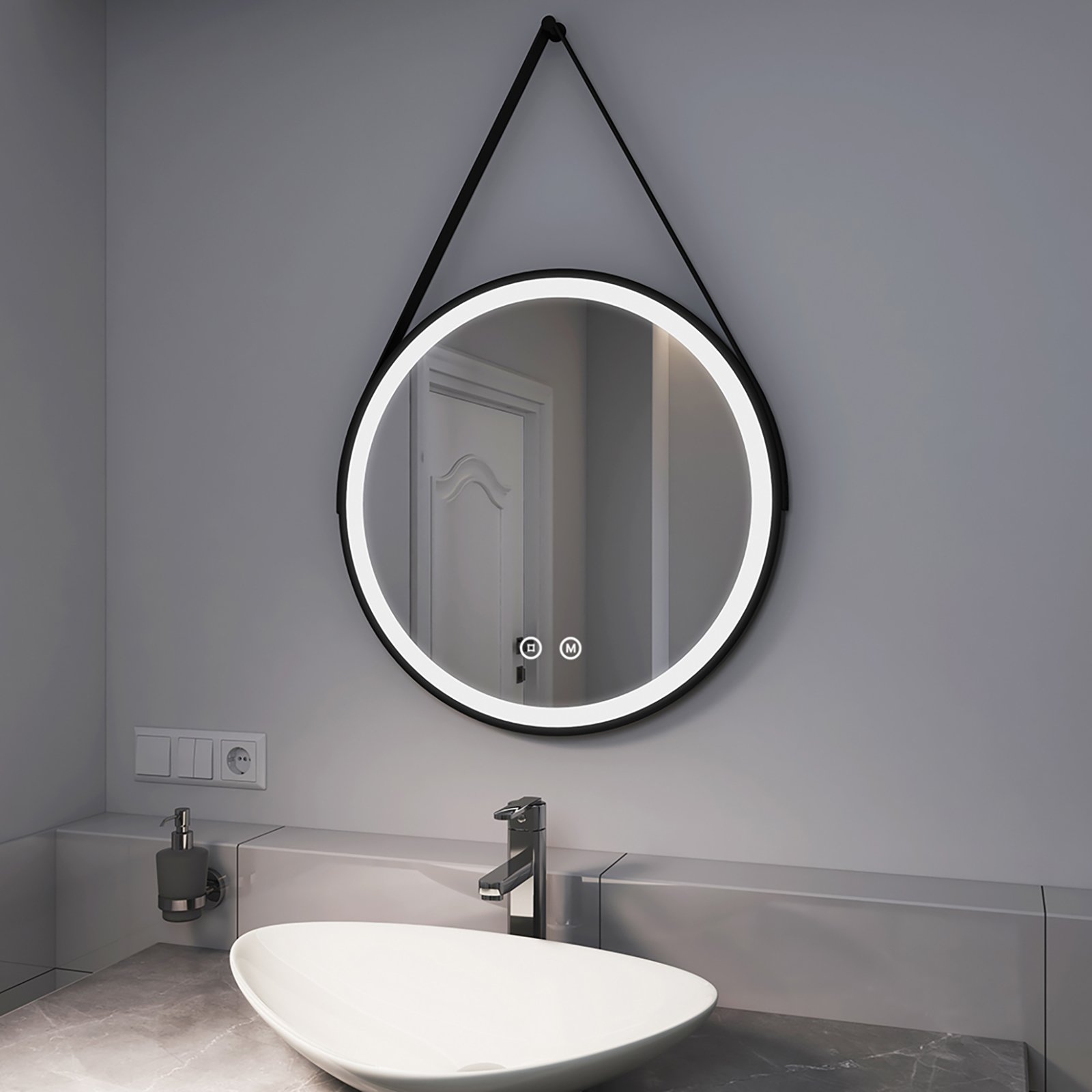 EMKE Lustro łazienkowe LED okrągłe o średnicy 60 cm Lustro łazienkowe LED z oświetleniem 3 barwy światła 3000-6400K biała chłodna neutralna biała ciepła ściemnialne podświetlane lustro z przełącznikiem dotykowym IP44 energooszczędne (czarny design)