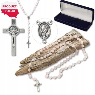 Różaniec Z Kamieni Naturalnych Kwarc Różowy 8mm – Ręcznie Składany W Polsce, Posrebrzane Elementy Włoskie, Krzyż Św. Benedykta, Prezent Dla Osoby Wi.. - Naszyjniki - miniaturka - grafika 1