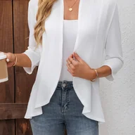 Swetry damskie - TEMU Sweter rozpinany z przodu w jednolitym kolorze, z falbaną u dołu, swobodny kardigan z rękawem 3/4 na i wiosnę, odzież damska - miniaturka - grafika 1