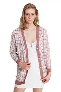 Trendyol Damski kardigan z dzianiny oversize z dekoltem w serek, różowy, M - Swetry damskie - miniaturka - grafika 1