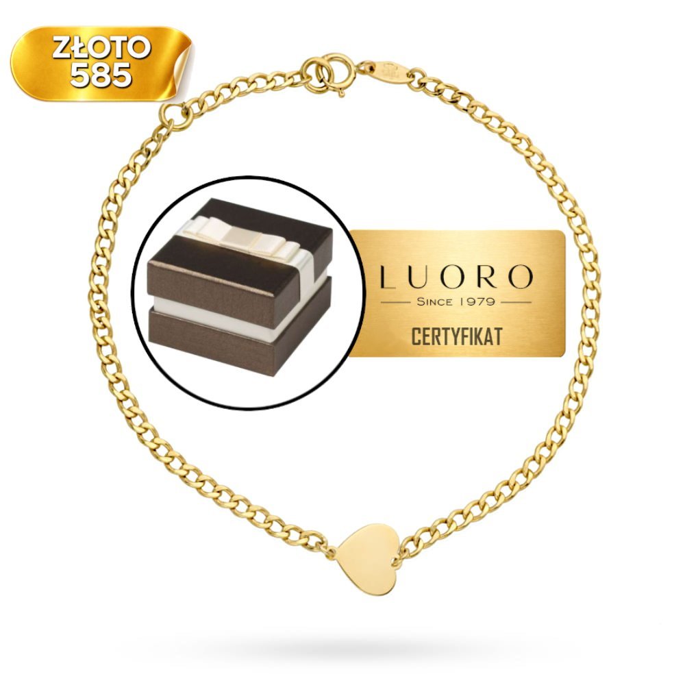 BRANSOLETKA ZŁOTA 585 14K SERCE PŁASKIE SPLOT PANCERKA 17 CM REGULOWANA