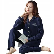 Piżamy damskie - Bawełniana Piżama Damska Dwuczęściowa Na Guziczki Z Długim Rękawem Granat L - miniaturka - grafika 1