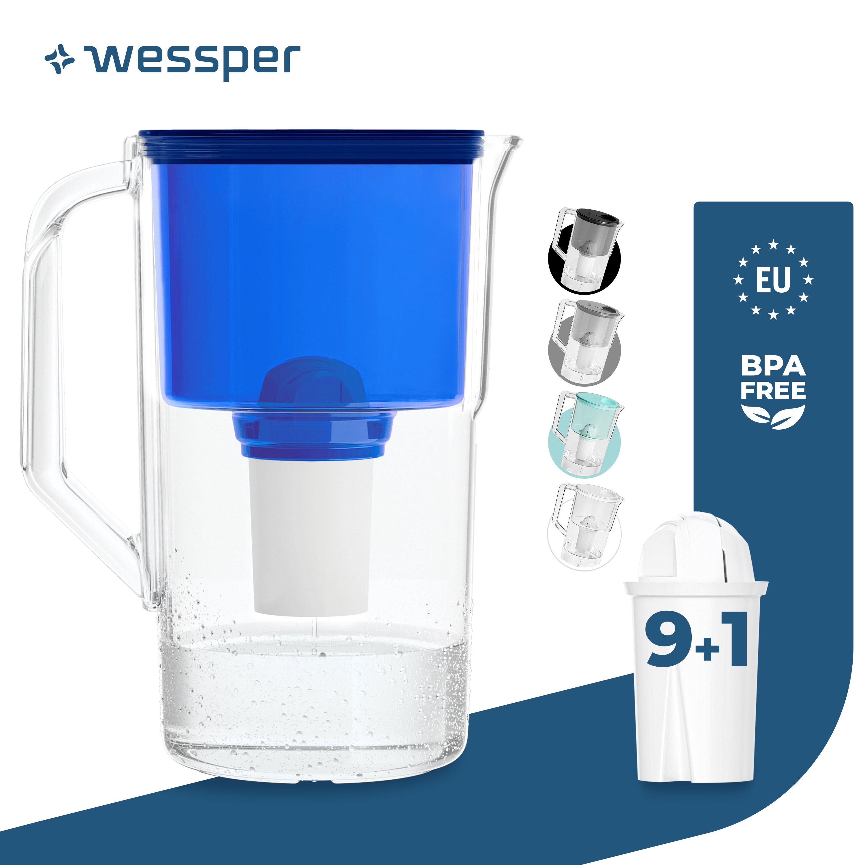 Dzbanek filtrujący wodę Wessper 2,5 l kompatybilny z Brita Classic, system filtracji wody redukujący kamień, chlor + 10x filtr wody niebieski