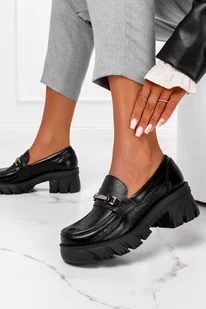 Czarne mokasyny na platformie ze srebrną sprzączką POLSKA SKÓRA Casu 20110 - Mokasyny damskie - miniaturka - grafika 1