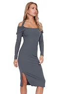 Sukienki - Trendyol Damska sukienka midi basic wąska tkana, Szary, L - miniaturka - grafika 1