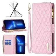 Etui i futerały do telefonów - Do iPhone'a 13 Pro Max Diamond Lattice Zipper Wallet Skórzane etui na telefon z klapką Różowy - miniaturka - grafika 1