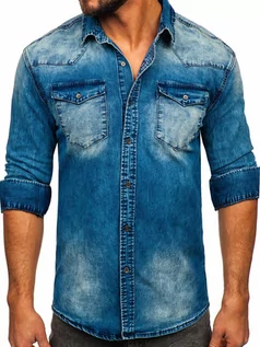Koszule męskie - Granatowa koszula męska jeansowa z długim rękawem Denley MC710BS - grafika 1
