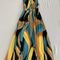 Inne - TEMU Lekka Sukienka z Eleganckim Tropikalnym Wzorem i Dekoltem w Serek z Wiązanym Pasem - Bezrękawnik A-Linia, 100% Poliester, Możliwość Prania w - miniaturka - grafika 1